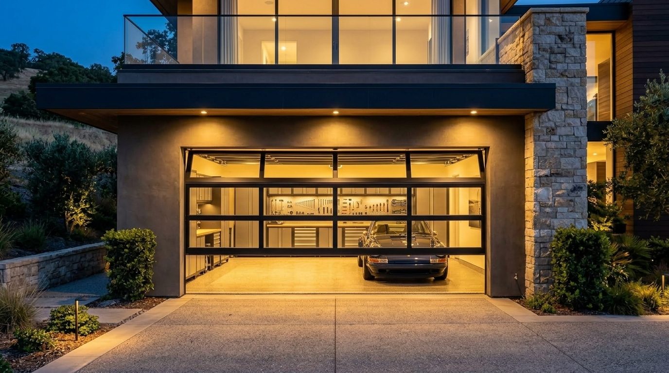 Tanya Holloway Garage Door Repairs Garage Door Gliding Open Revealing Warm Illuminated Interior