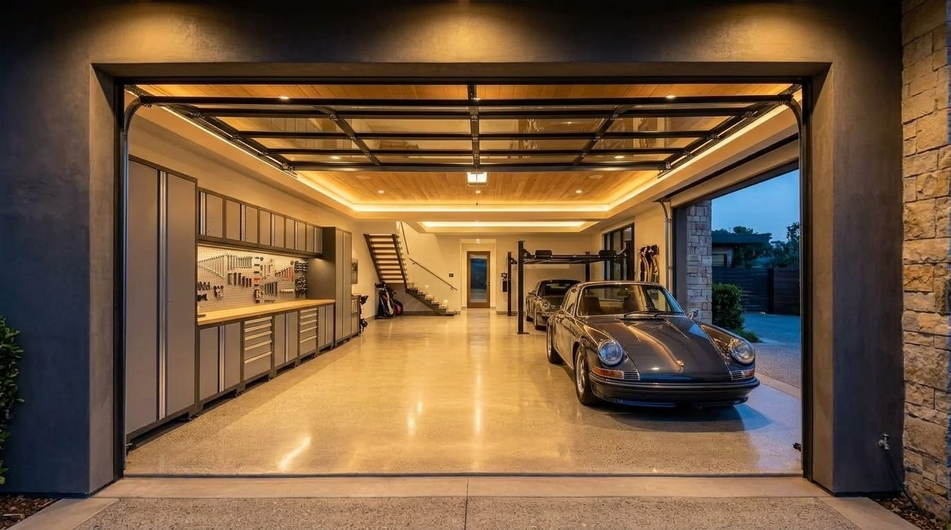 Tanya Holloway Garage Door Repairs Interior View of Custom Garage Door Overhead and Workshop
